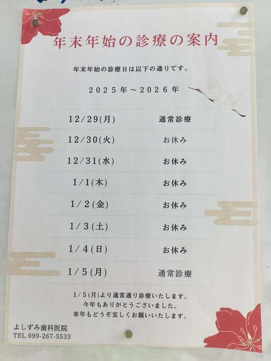 今年の診療は、12月29日で終わりました。